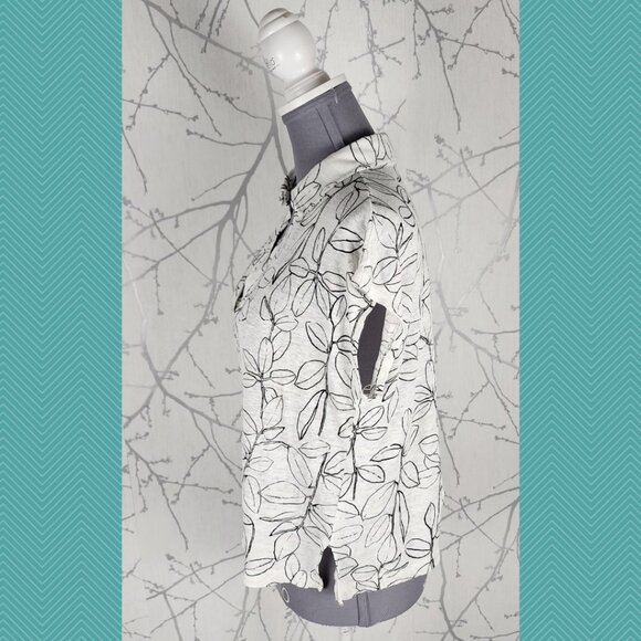 Cynthia Rowley White Leaves Print 100% Linen Collared V-Neck Tee - Picture 2 of 4